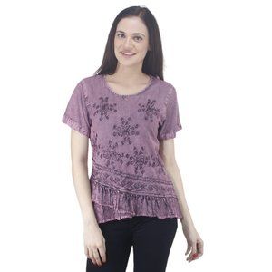 BOHO EMBROIDERED RAYON HALF SLEEVE TUNIC TOP